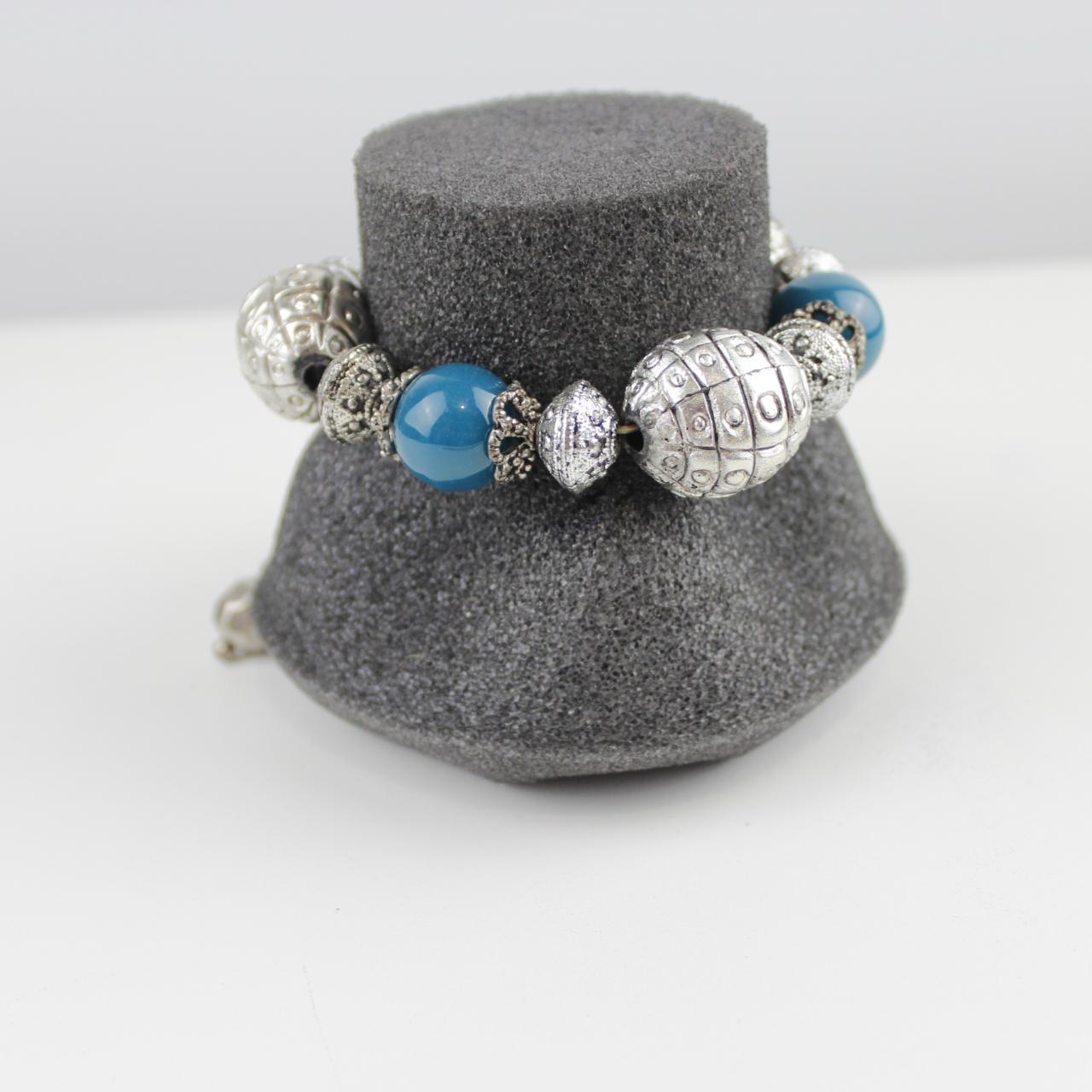 Boho Blue Beaded Bracelet Silver Tone Charm Dangle Fashion J