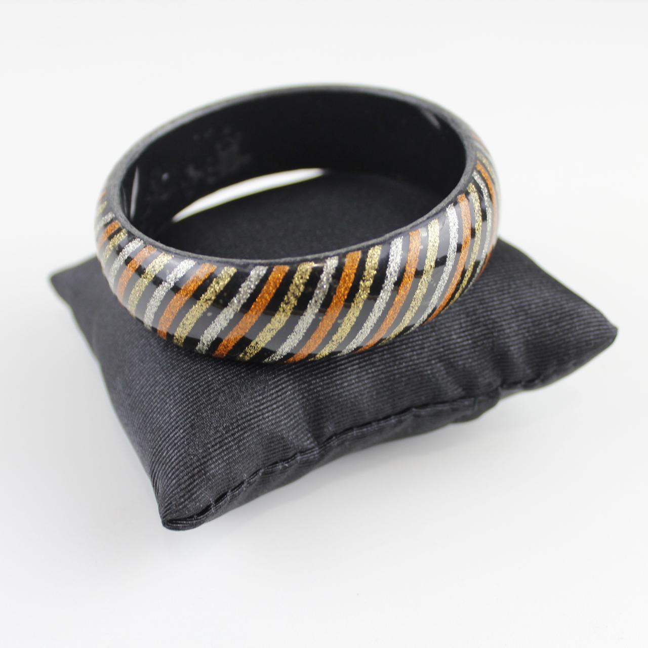 Black Chunky Bangle Bracelet with Glitter Stripes - Colorful