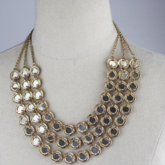 Multi Strand Statement Necklace Gold Mirror Medallions Refle
