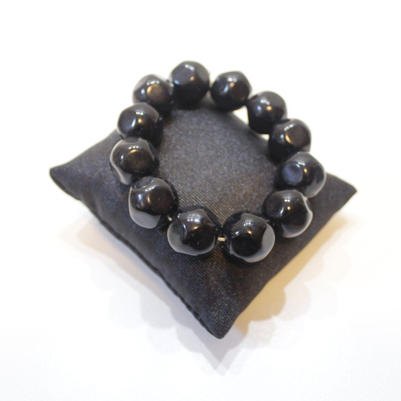 Chunky Black Bead Stretch Bracelet Polished Faceted Statemen