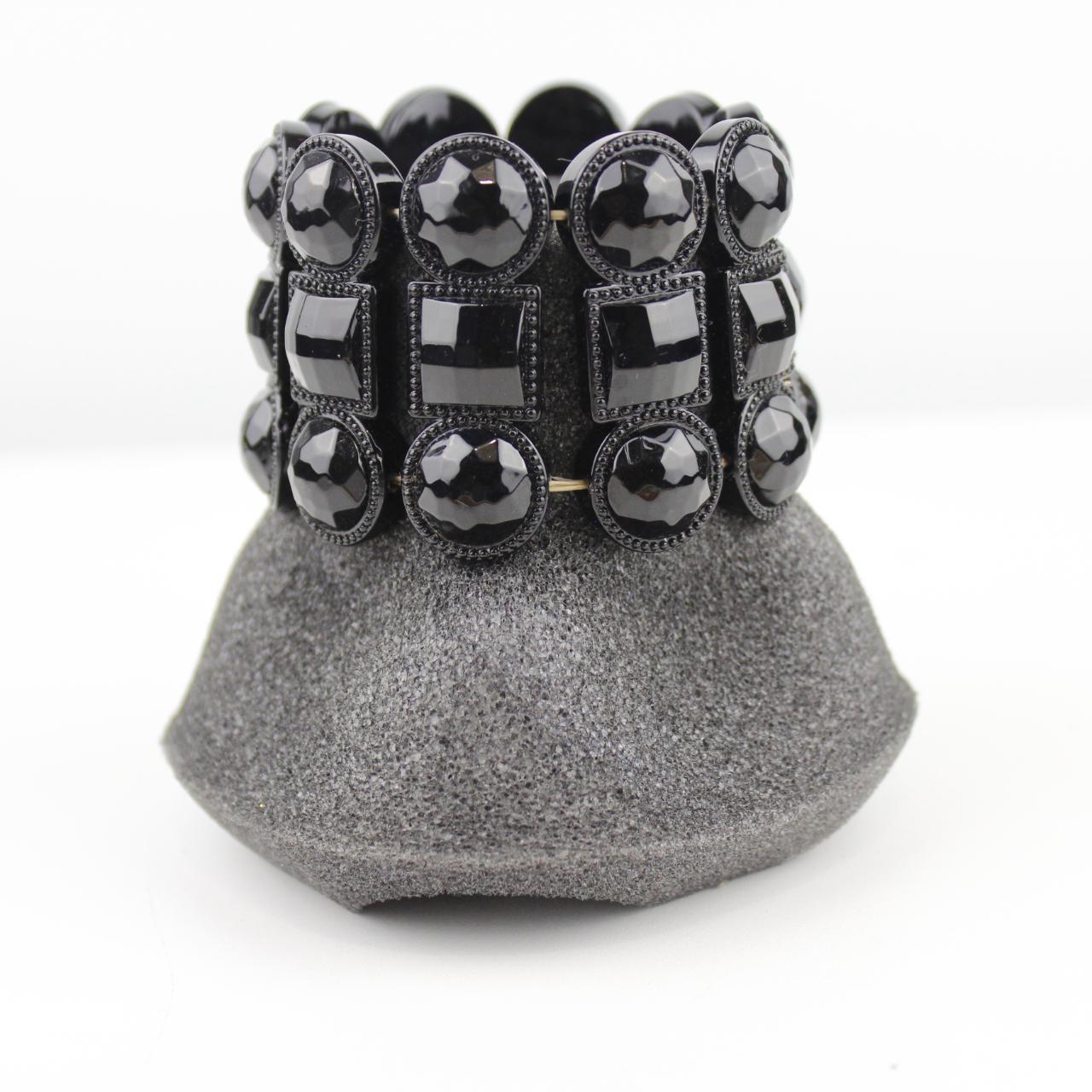 Black Faceted Bead Bracelet Statement Jewelry Bold Multi Row