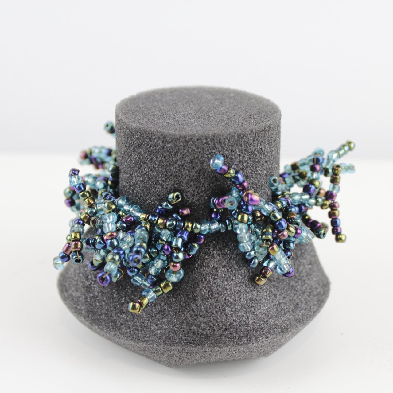 Beaded Cluster Bracelet - Blue, Green, Purple - Unique Desig