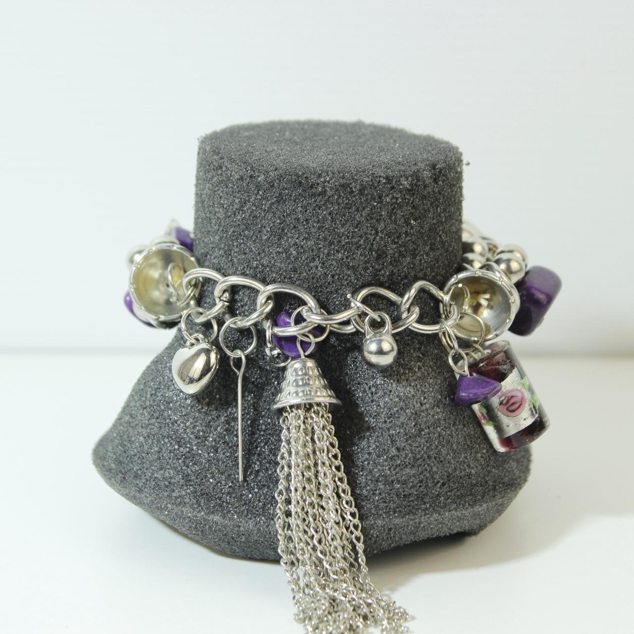 Chunky Silver Tone Charm Bracelet Purple Stone Chips Metallic Beads Large Chain