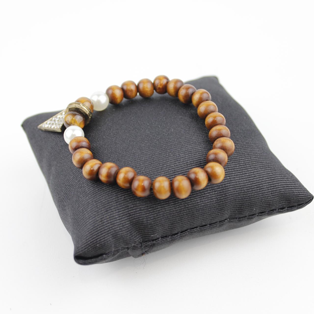 Wooden Bead Bracelet Pearl Rhinestone Triangle Pendant Jewel