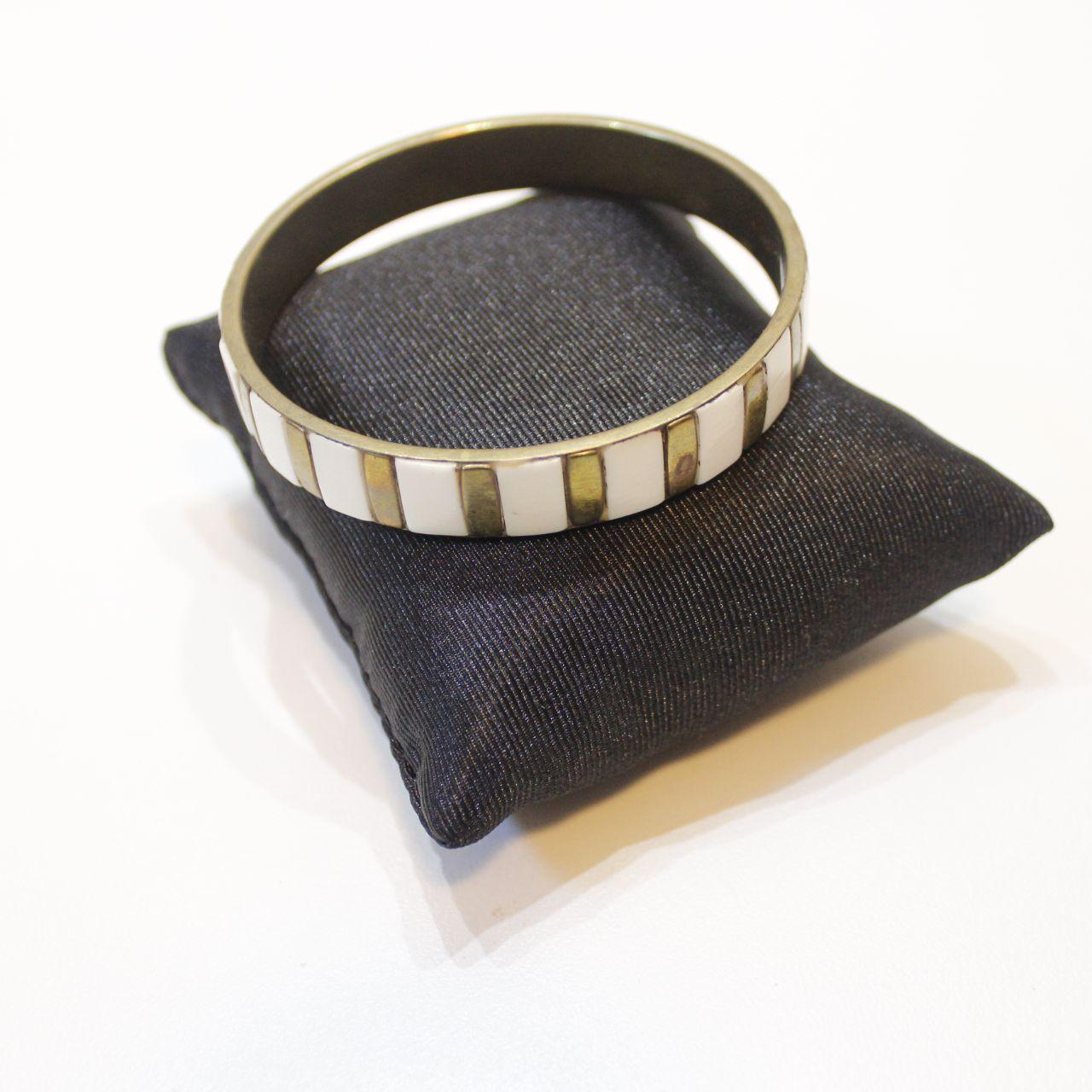 Striped Bangle Bracelet White Enamel Gold Tone Brass Look Fa