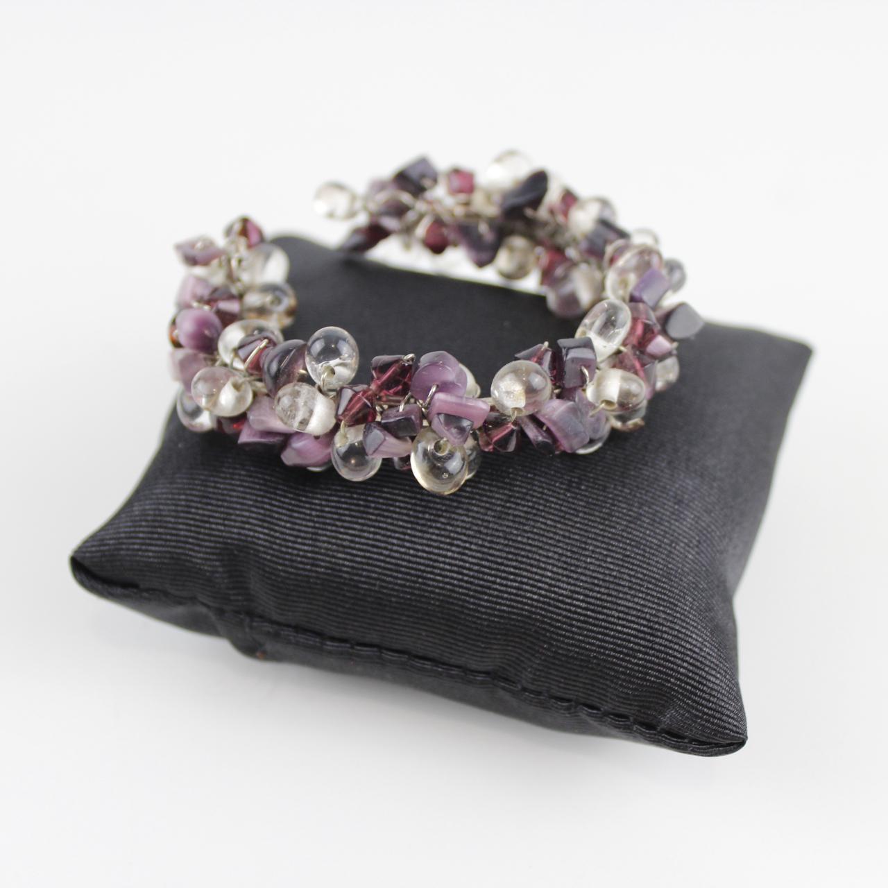 Purple and Clear Glass Bead Bracelet - Silver Wire Wrapped -