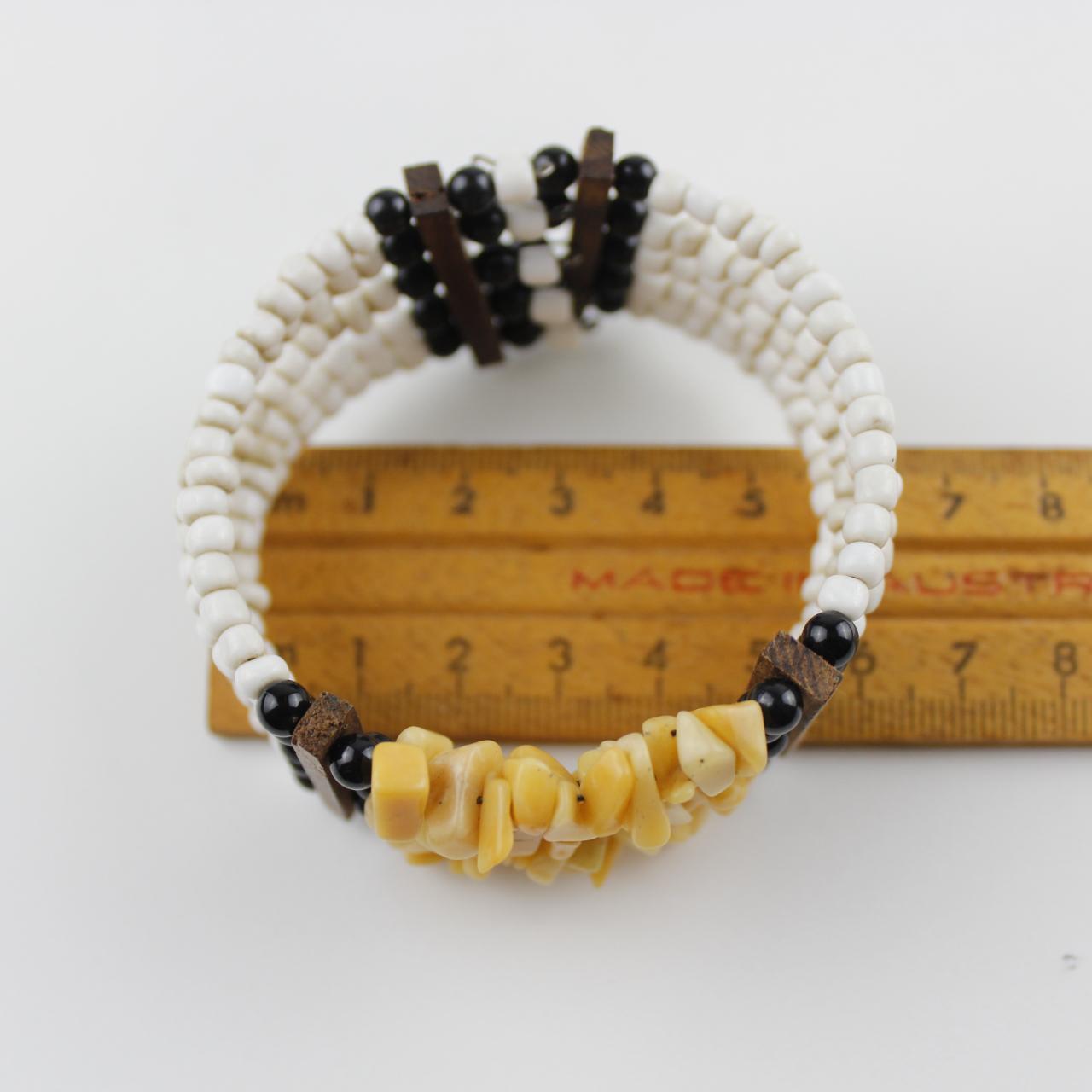 Boho Yellow Stone & White Bead Cuff Bracelet Tribal Statemen