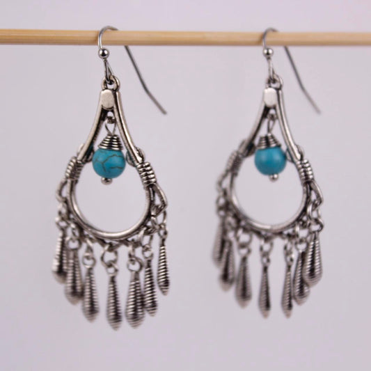 Boho Turquoise Silver Tone Chandelier Earrings Southwestern Teardrop Fringe Ethn