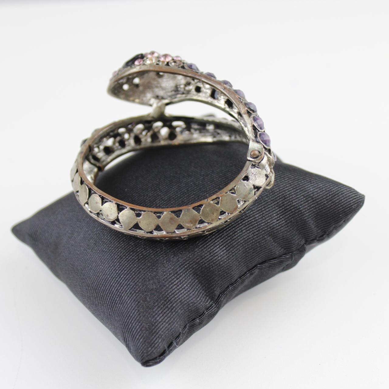 Silver Tone Coiled Snake Bracelet - Purple & Pink Stones - W