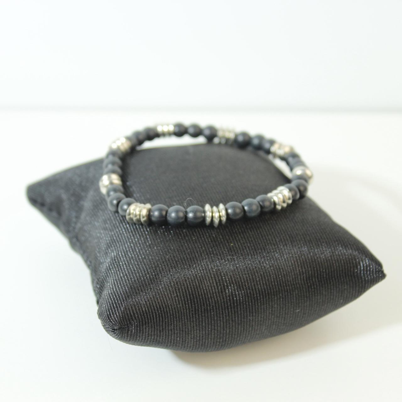 Vintage Hematite Beaded Stretch Bracelet Silver Tone Barrel Spacers Natural