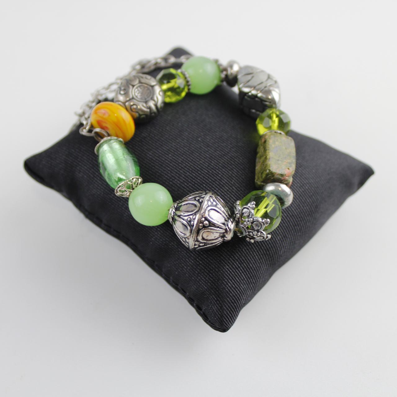 Vintage Boho Multi-Strand Charm Bracelet Green Yellow Beaded