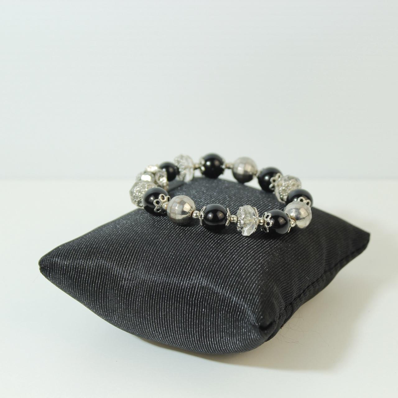 Black Beaded Stretch Bracelet Silver tone Floral Rhinestone Statement Boho