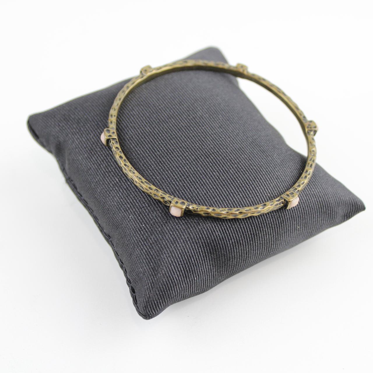 Vintage Bronze Tone Bangle Bracelet White Stone Textured Met
