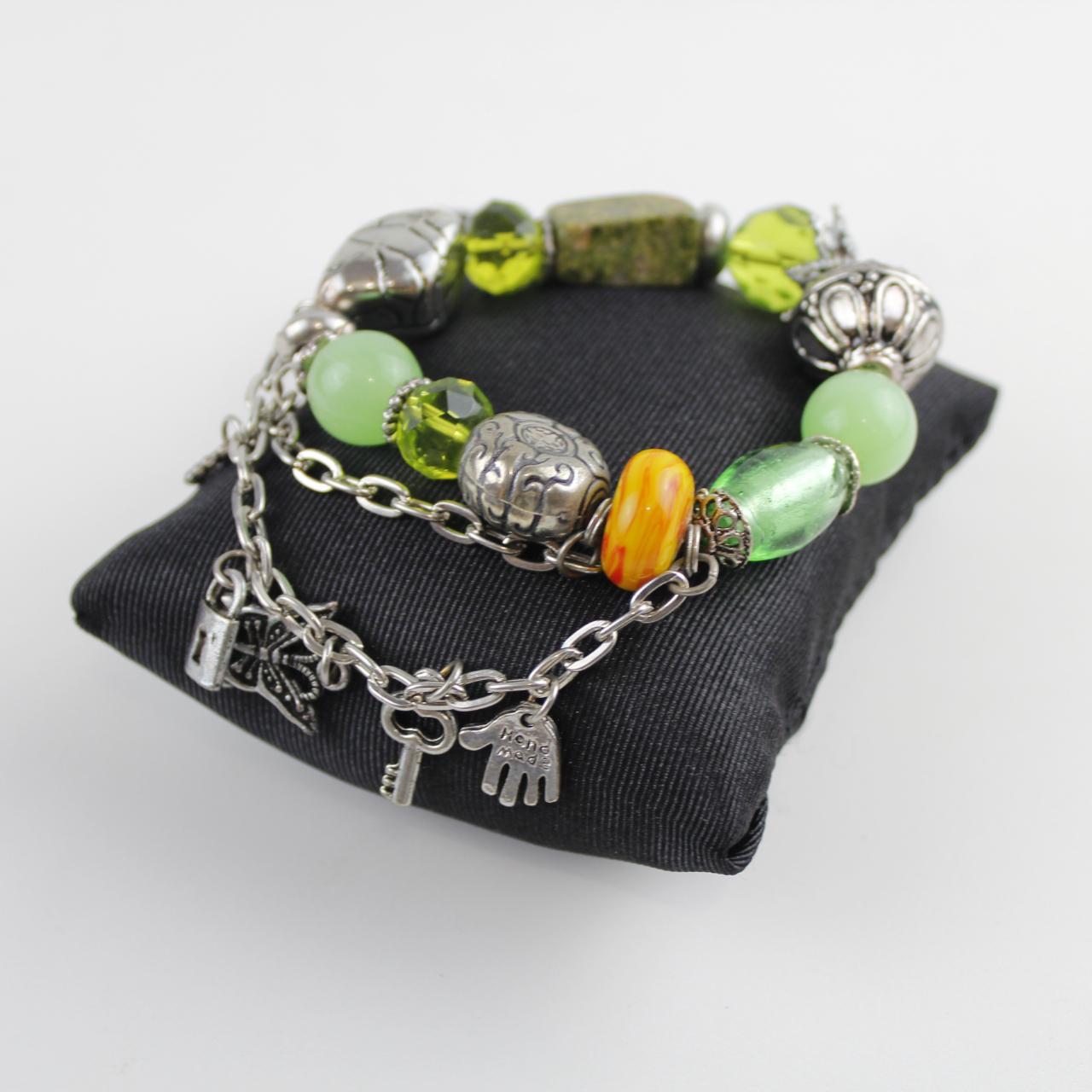 Vintage Boho Multi-Strand Charm Bracelet Green Yellow Beaded