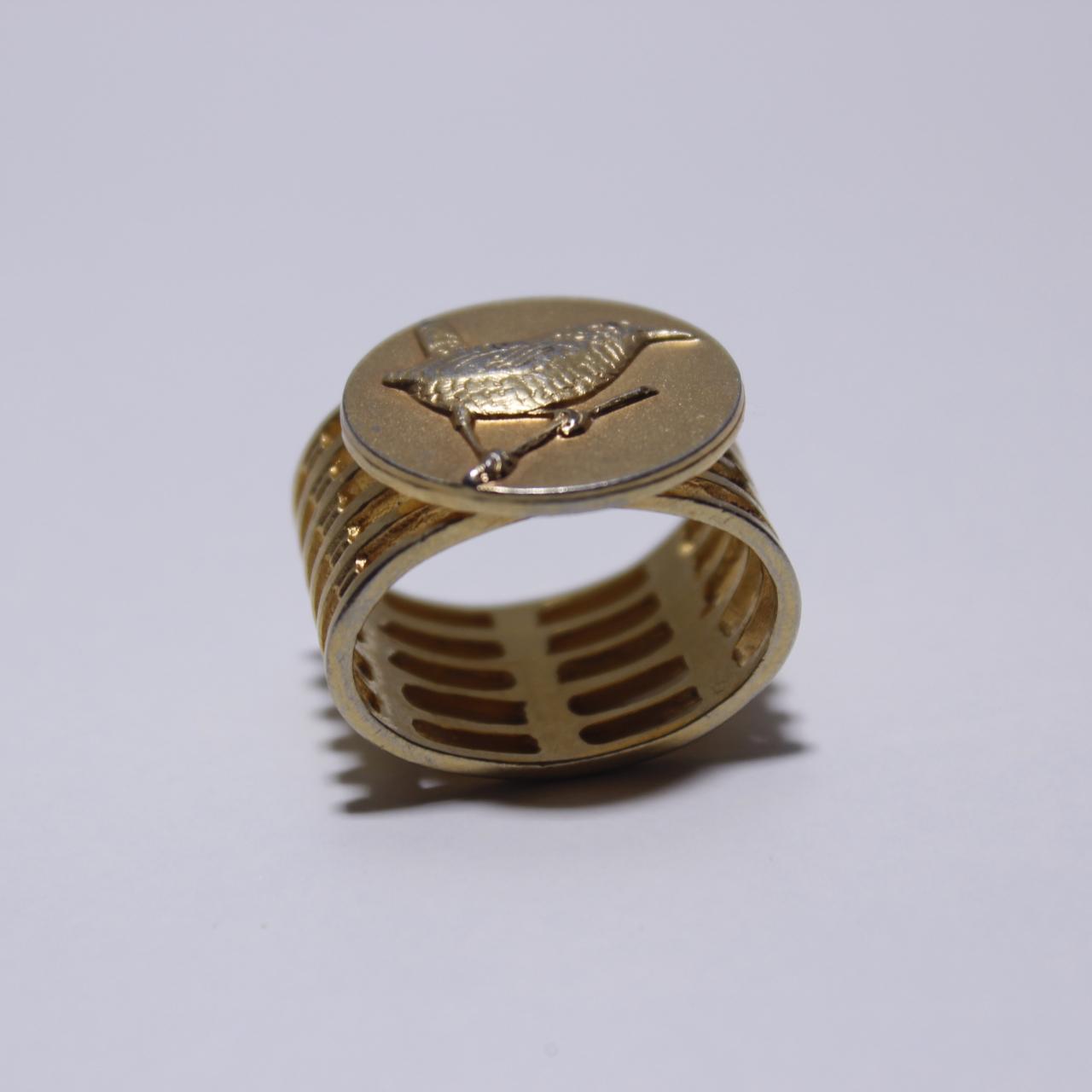 Wren Bird Ring Gold Tone Wide Cage Band Statement Jewelry