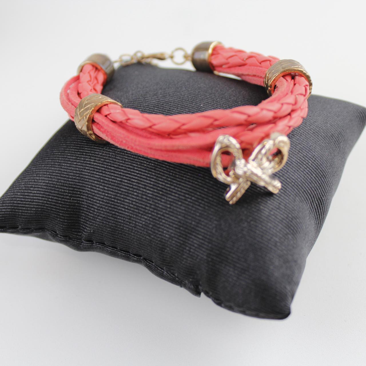 Pink Braided Bracelet Silver Bow Charm Boho Layered Fashion