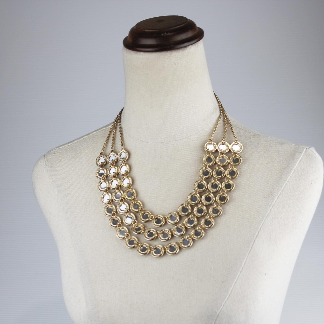 Multi Strand Statement Necklace Gold Mirror Medallions Refle
