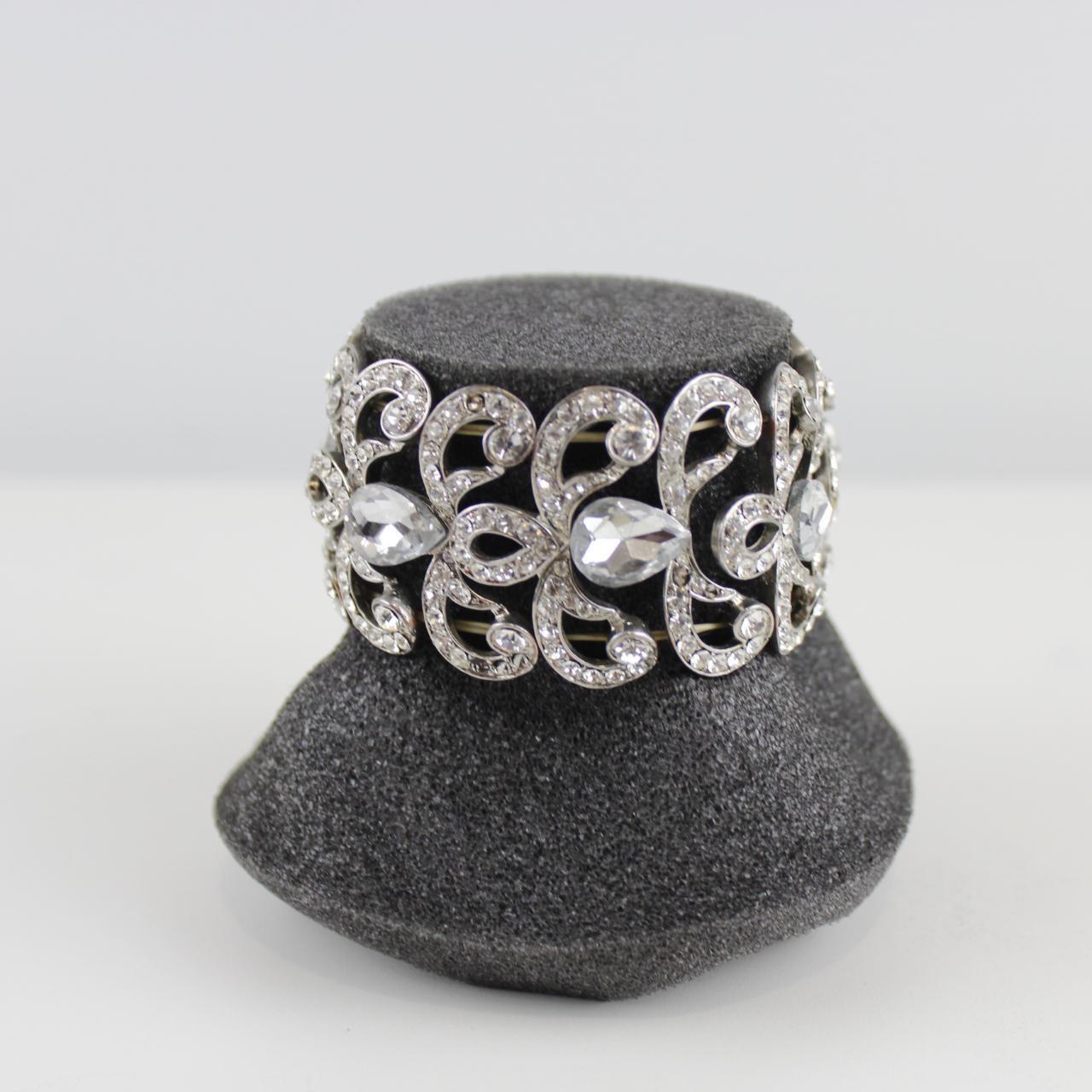Rhinestone Filigree Style Bracelet - Silver-Tone - Vintage G