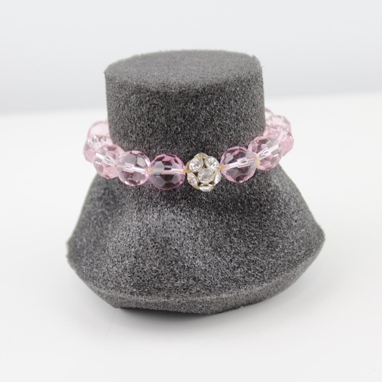 Pink Faceted Glass Bead Stretch Bracelet Rhinestone Accent V