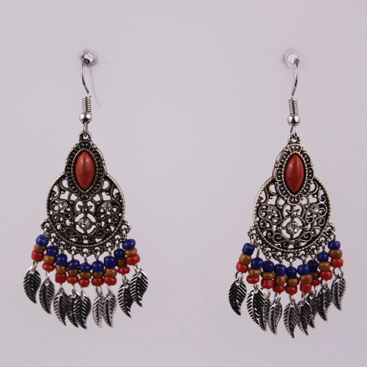 Boho Statement Chandelier Earrings Silver tone Blue Red Beaded Leaf Charm Gypsy