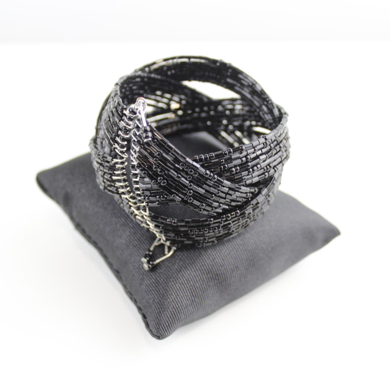 Gothic Black Beaded Cuff - Wide Bracelet - Statement Piece -