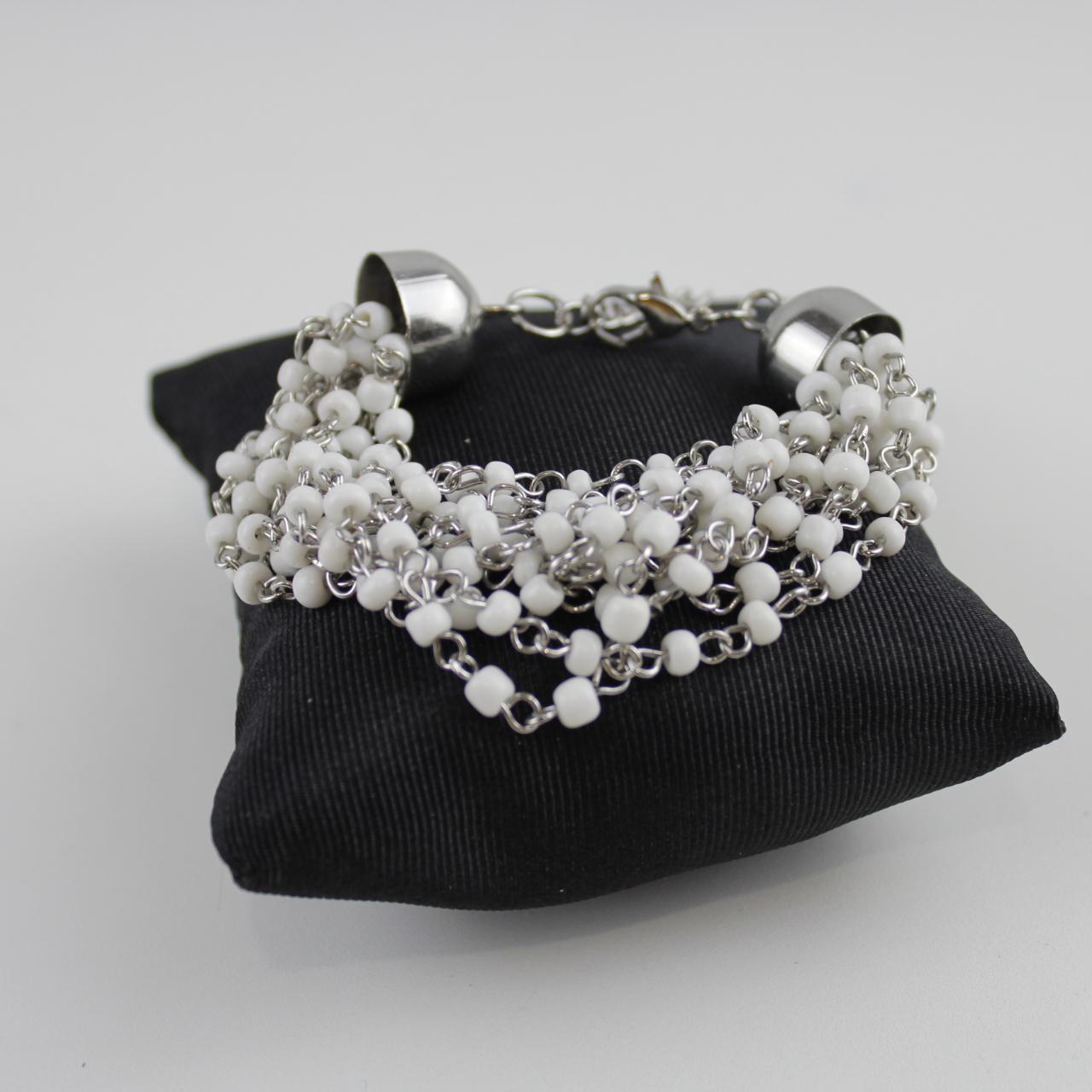 Multi-Strand White Seed Bead Bracelet Silver Tone Dangle Fas