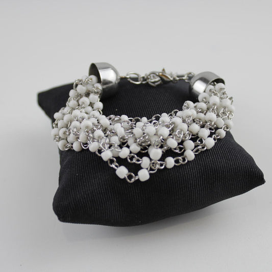Multi-Strand White Seed Bead Bracelet Silver Tone Dangle Fas