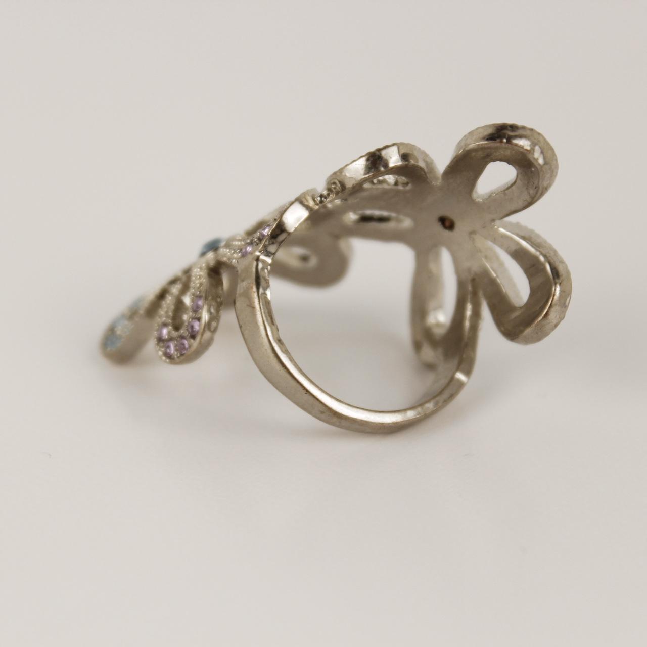 Silver tone Flower Cocktail Ring Blue Stone Cluster Statement Finger Jewellery