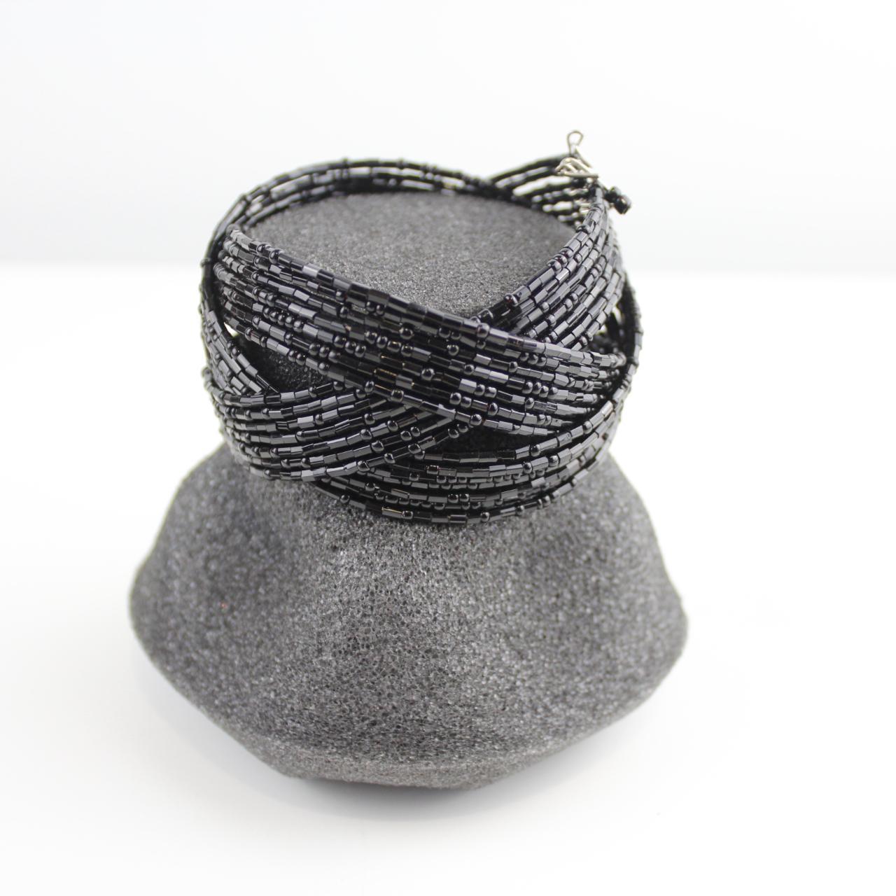 Gothic Black Beaded Cuff - Wide Bracelet - Statement Piece -