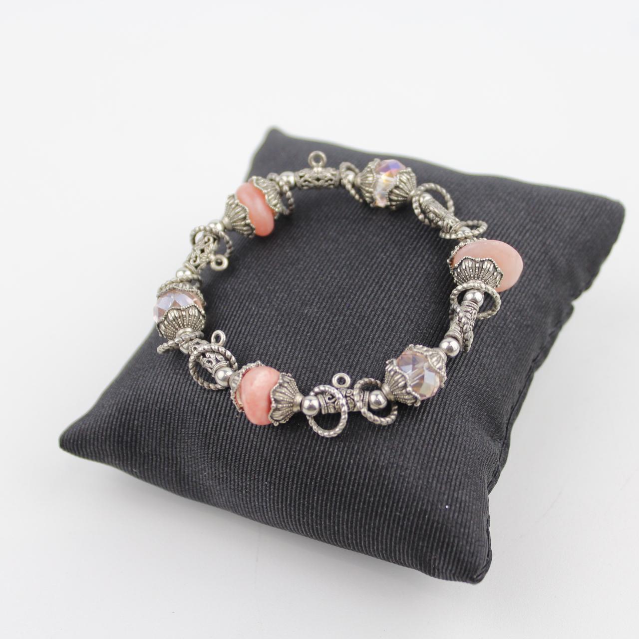 Vintage Silver Charm Bracelet with Pink and Clear Beads Eleg