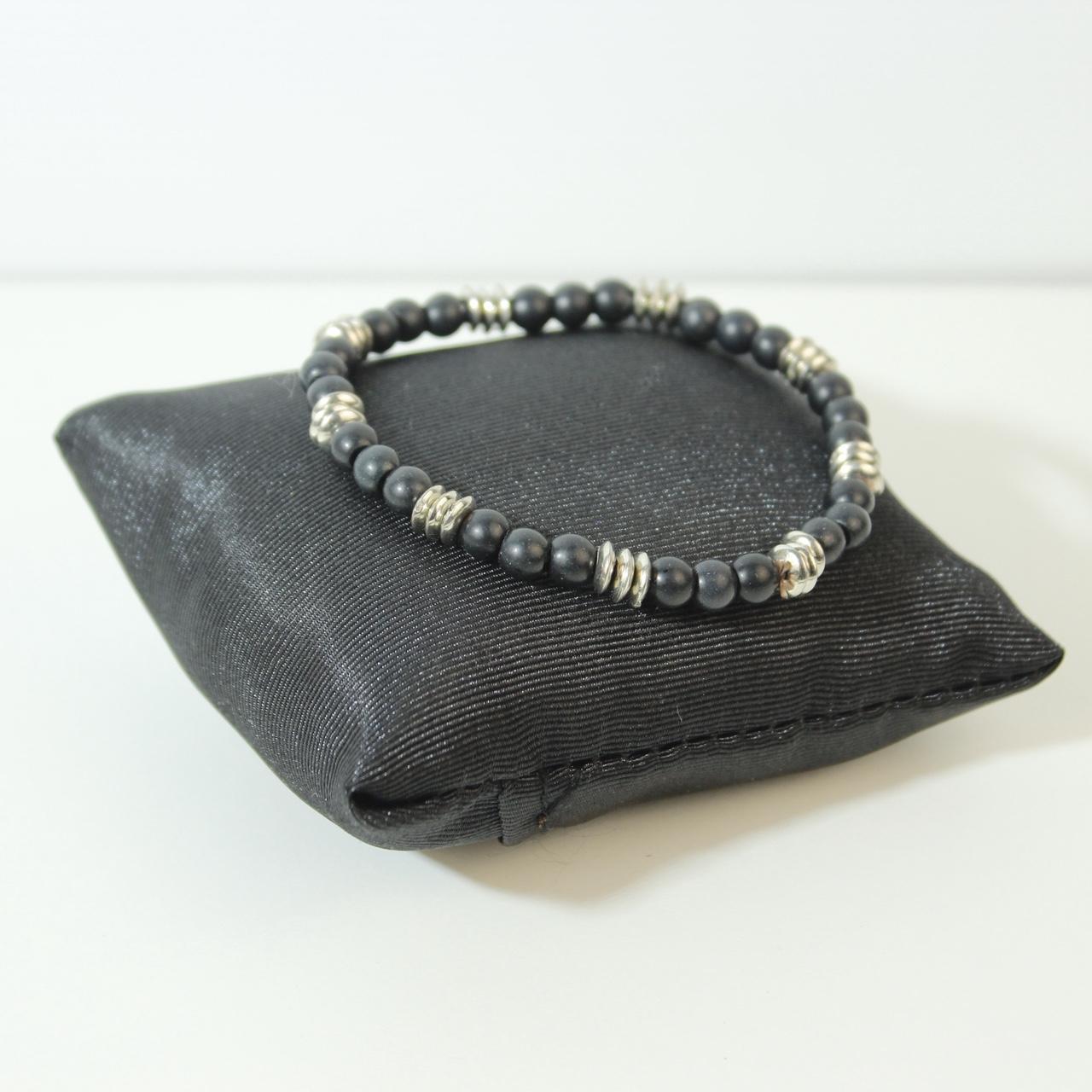 Vintage Hematite Beaded Stretch Bracelet Silver Tone Barrel Spacers Natural