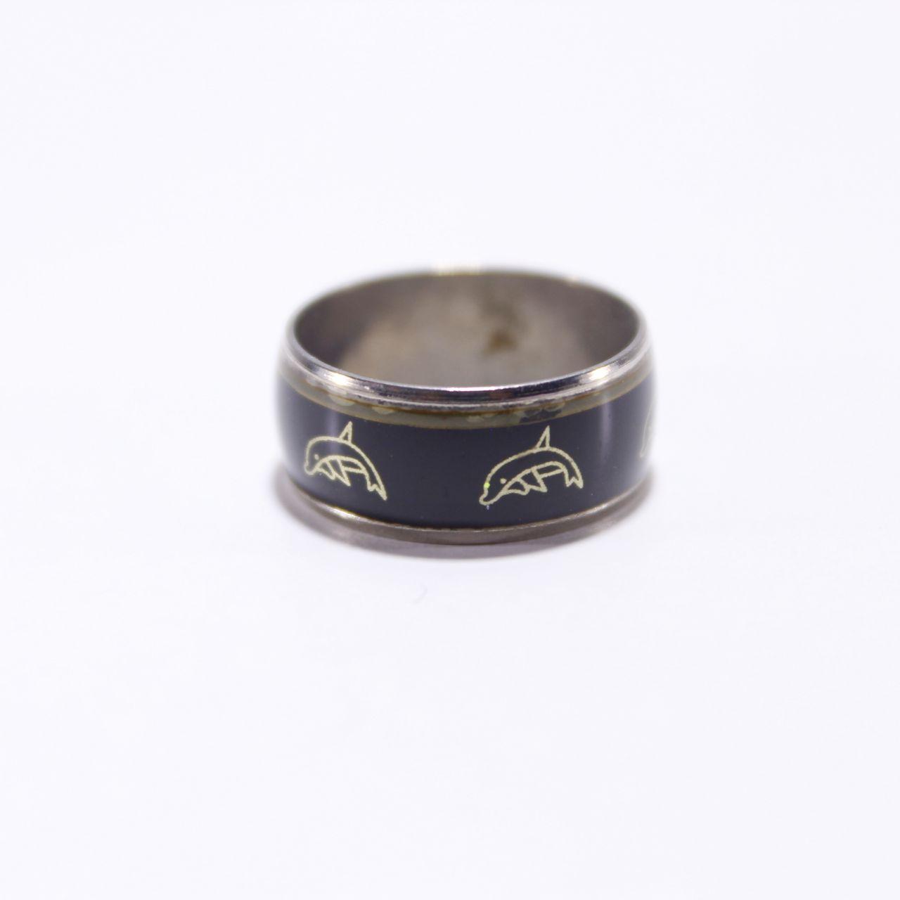 Dolphin Wide Band Ring Black Enamel Inlay Gold Tone Nautical