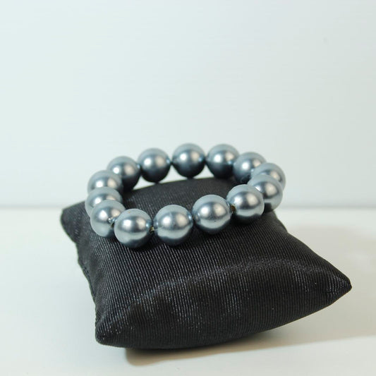 Grey Faux Pearl Stretch Bracelet Large Round Beaded Statement Jewelry Elastic