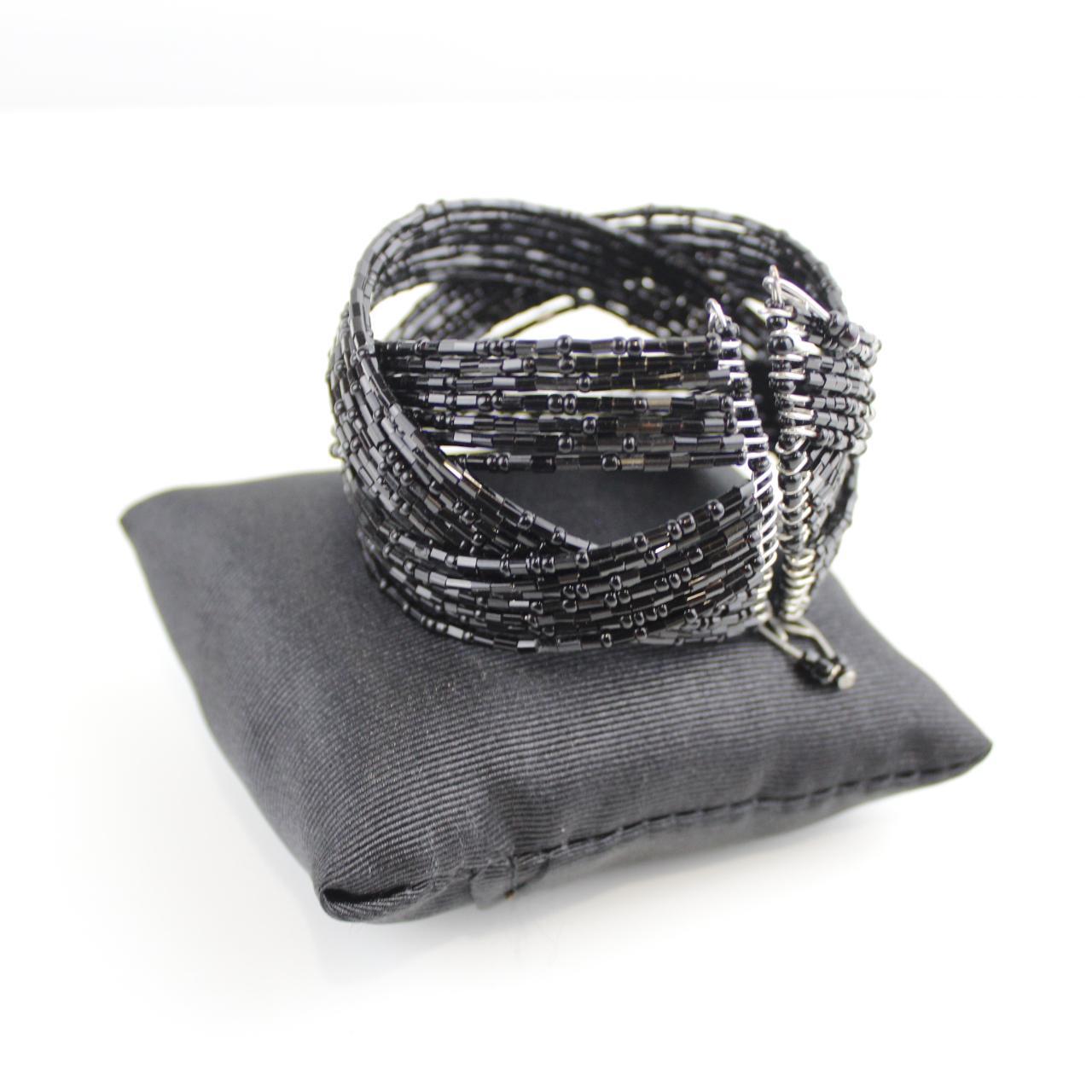 Gothic Black Beaded Cuff - Wide Bracelet - Statement Piece -