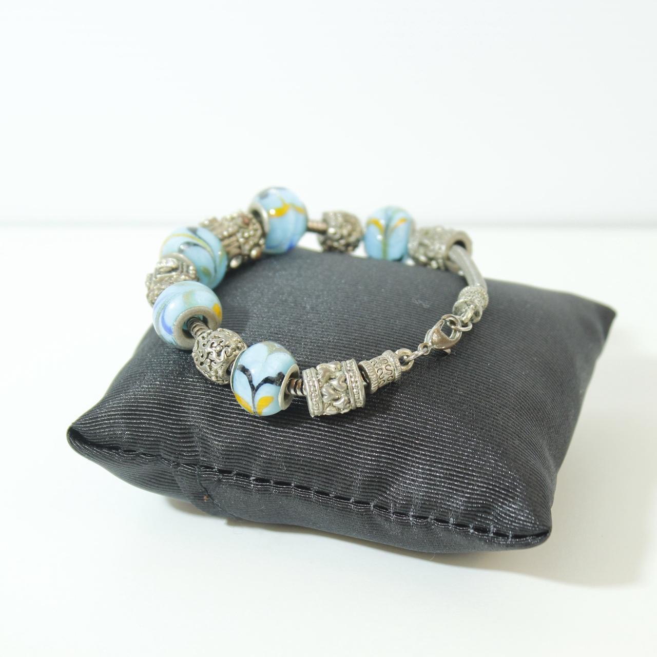 Light Blue Floral Glass Bead Charm Bracelet Silver Tone Clear Rhinestone Spacers