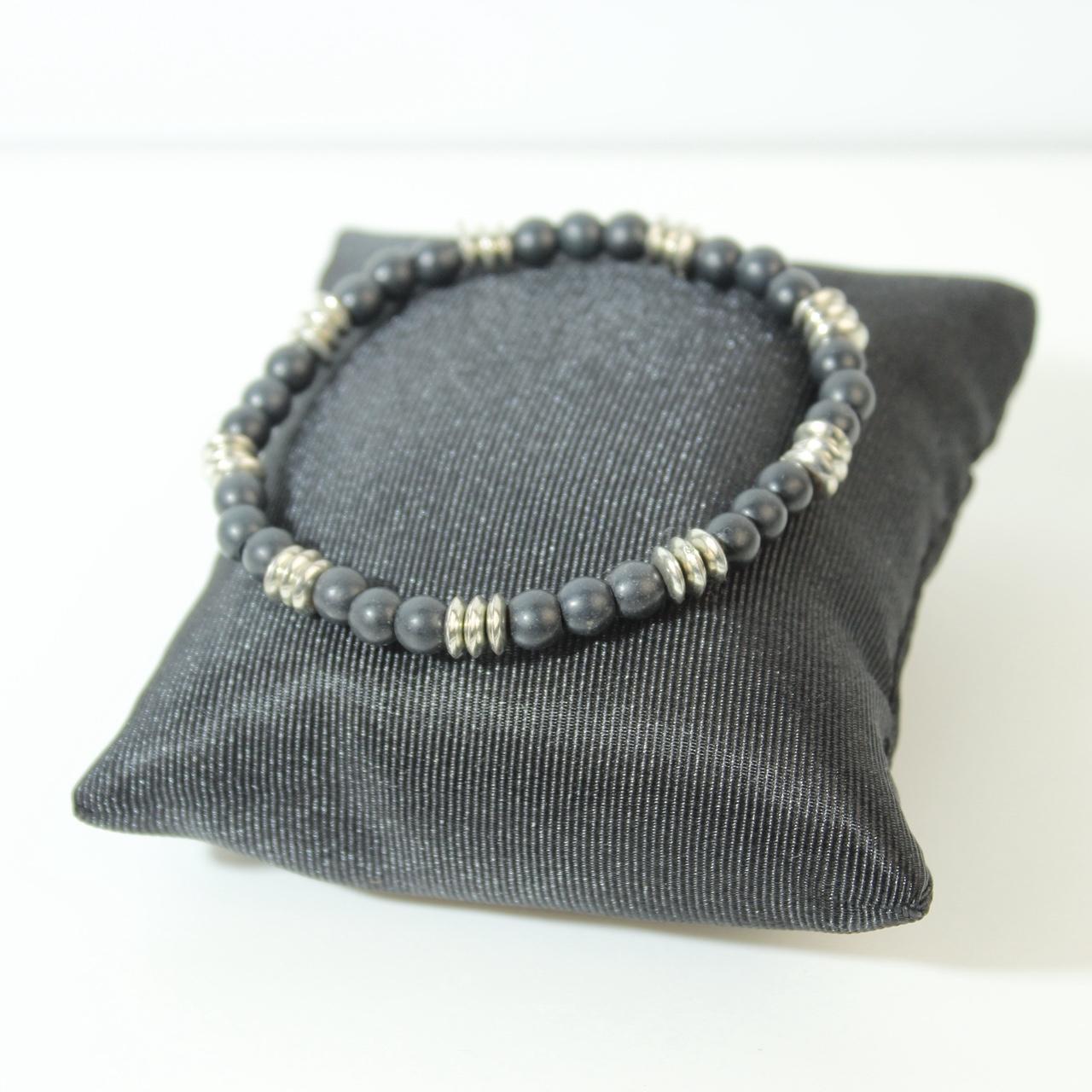 Vintage Hematite Beaded Stretch Bracelet Silver Tone Barrel Spacers Natural