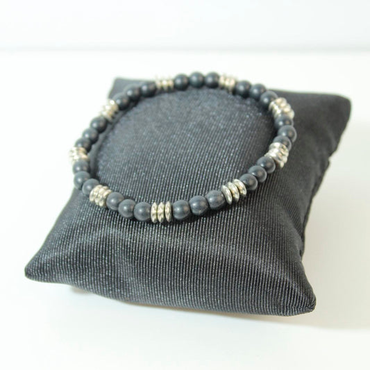 Vintage Hematite Beaded Stretch Bracelet Silver Tone Barrel Spacers Natural
