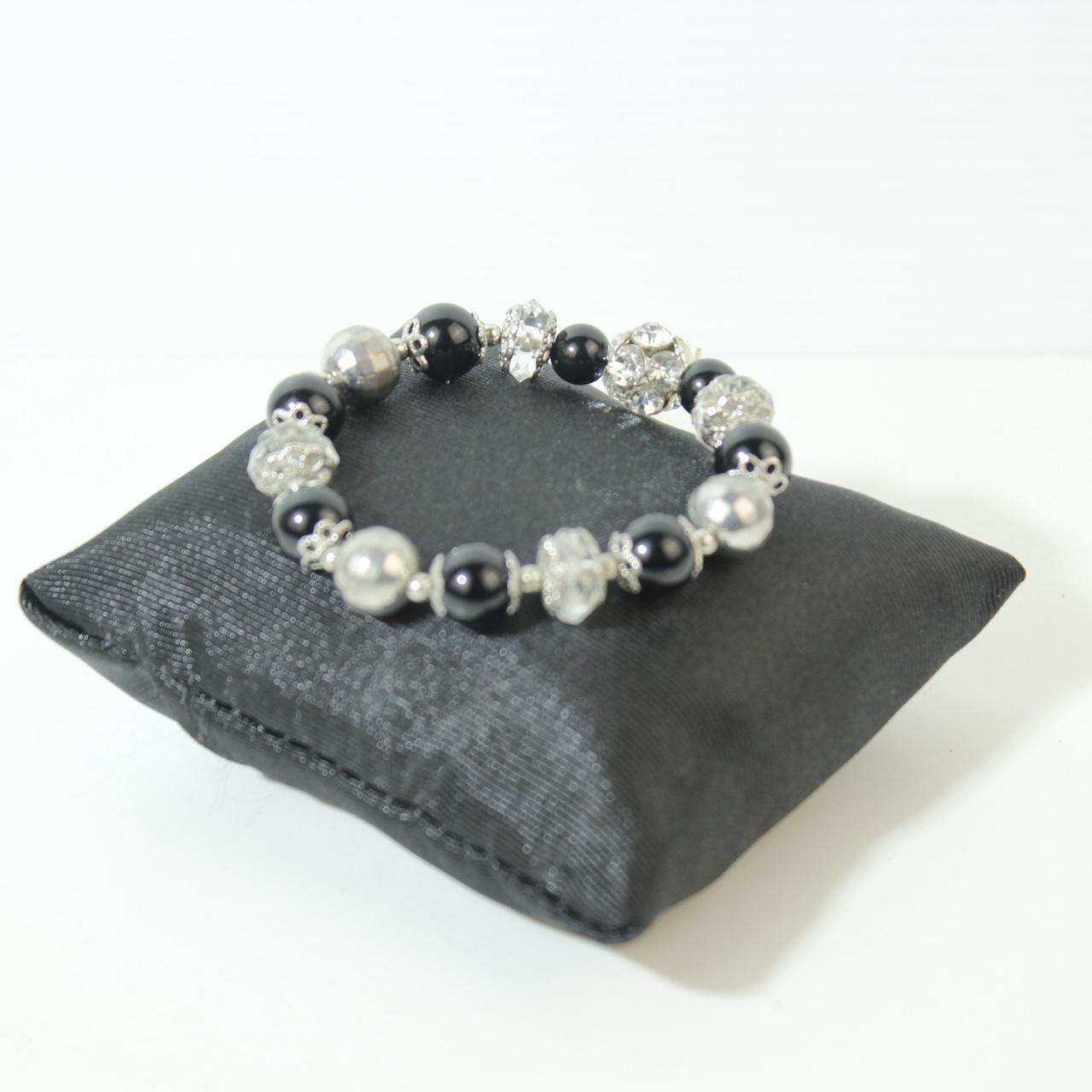 Black Beaded Stretch Bracelet Silver tone Floral Rhinestone Statement Boho