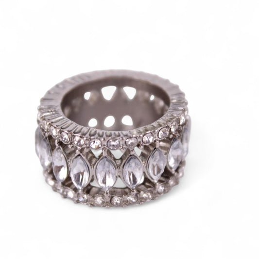 Silver Tone Eternity Band Ring Marquise Cut Faux Crystal Statement Wide Cocktail