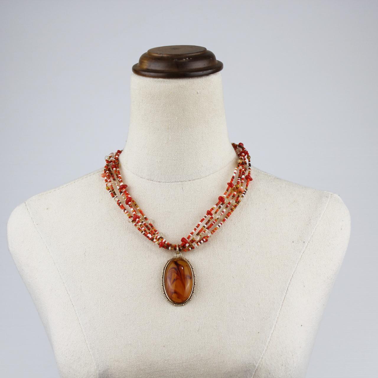 Multistrand Beaded Necklace Red Orange White Beads Marbled P