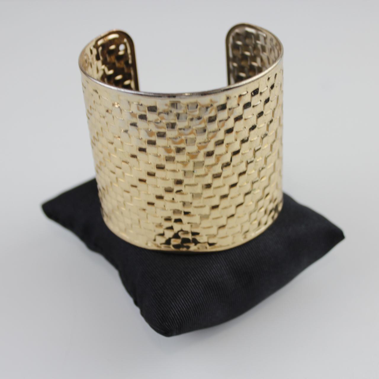 Gold Tone Cuff Bracelet - Textured Woven Pattern - Cut-Out D