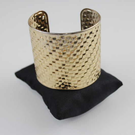 Gold Tone Cuff Bracelet - Textured Woven Pattern - Cut-Out D