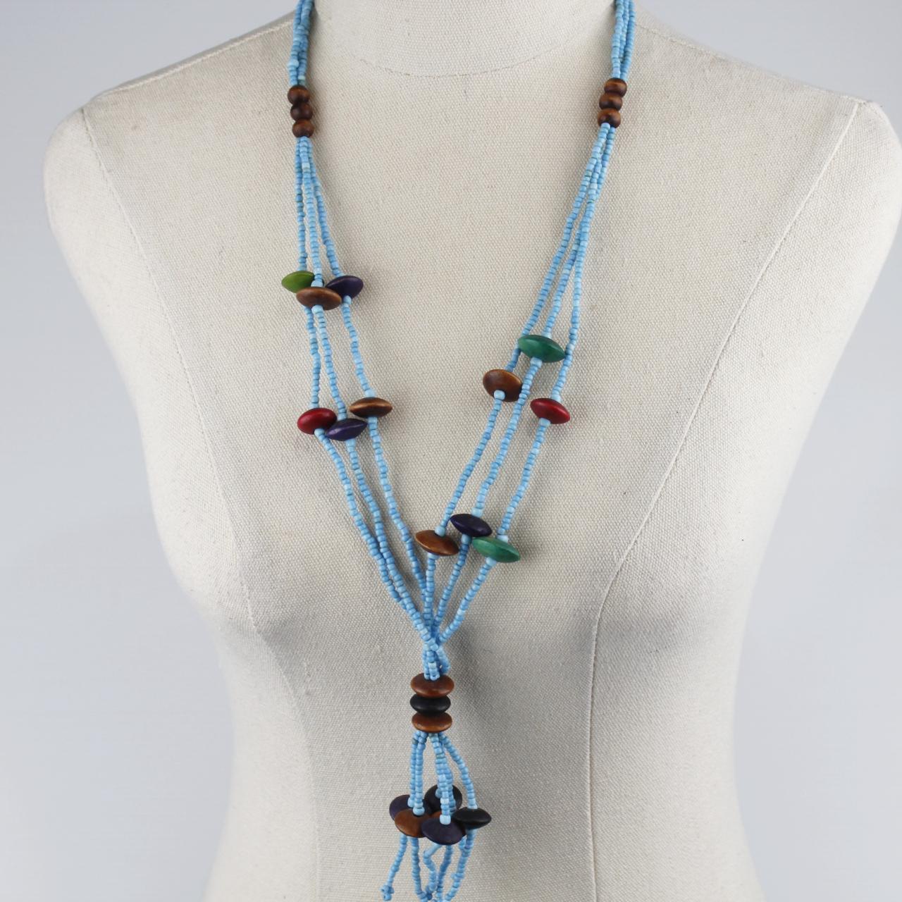 Boho Multi Strand Beaded Necklace Light Blue Glass Beads Woo