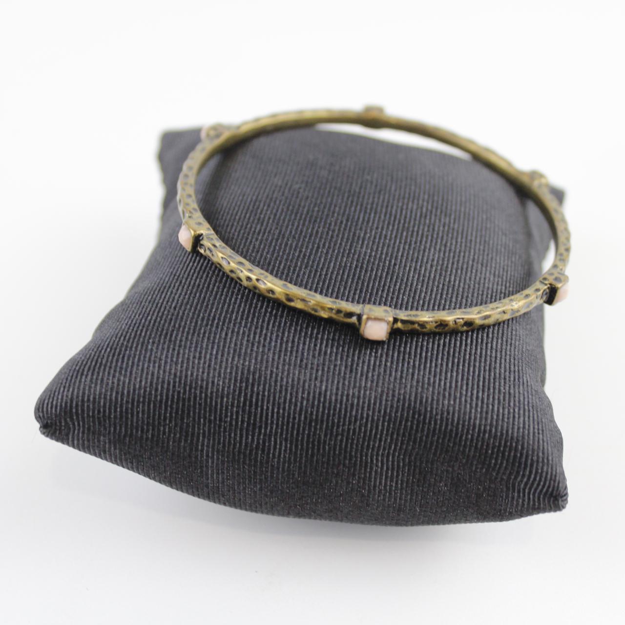 Vintage Bronze Tone Bangle Bracelet White Stone Textured Met