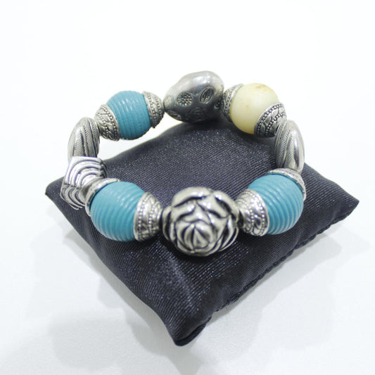 Womens Chunky Stretch Bracelet Silver Tone Turquoise Blue Ro
