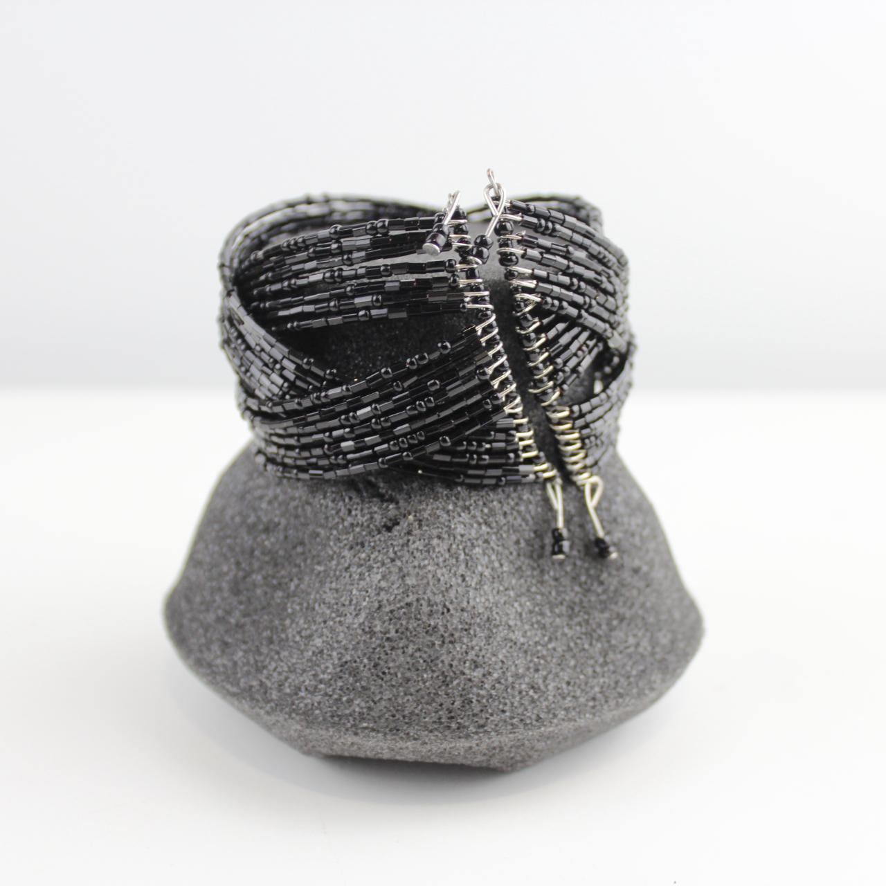 Gothic Black Beaded Cuff - Wide Bracelet - Statement Piece -