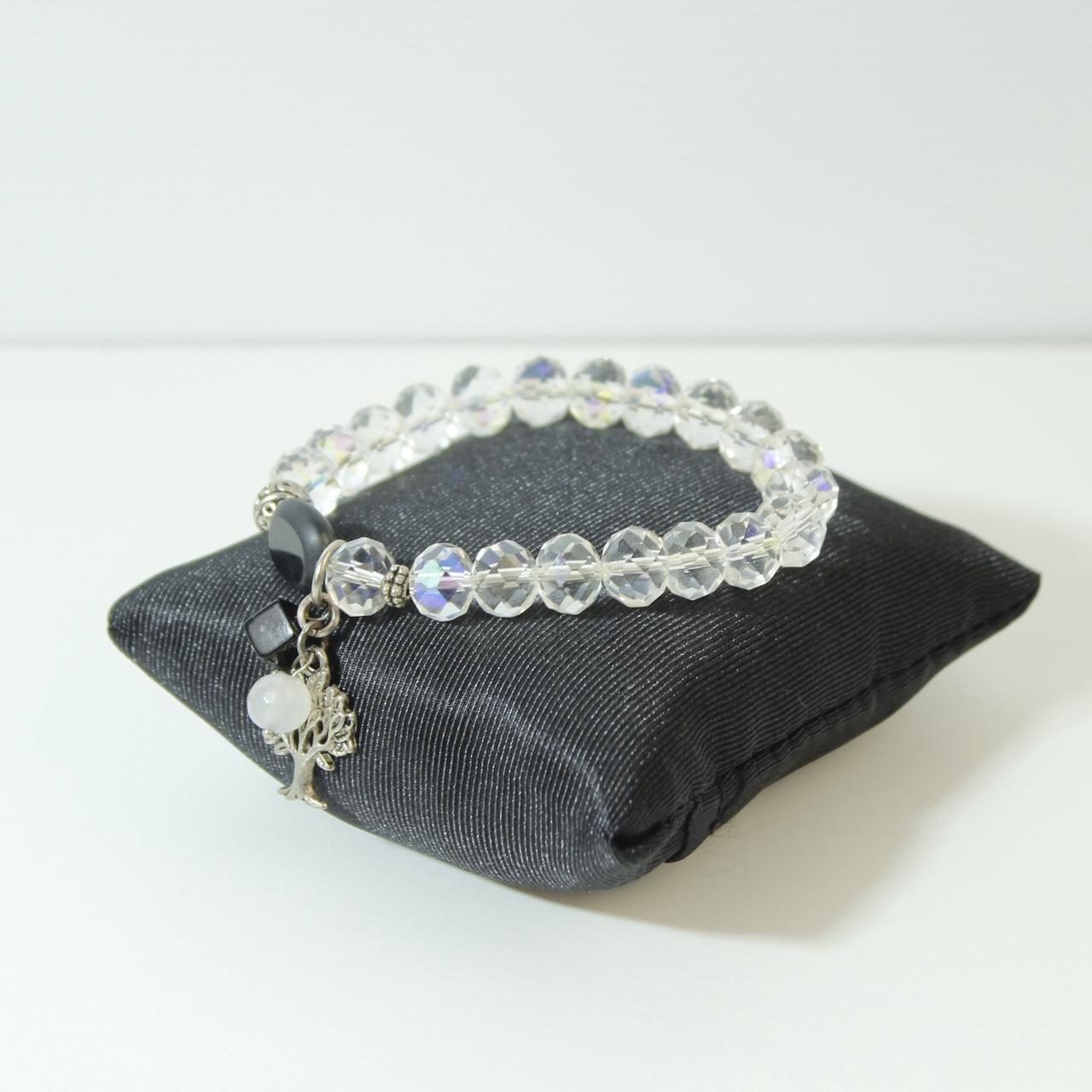 Tree of Life Charm Bracelet Beaded Stretch Iridescent Glass Crystal Silver Tone