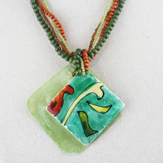 Bohemian Multi Strand Beaded Necklace Green Orange Brown Gla