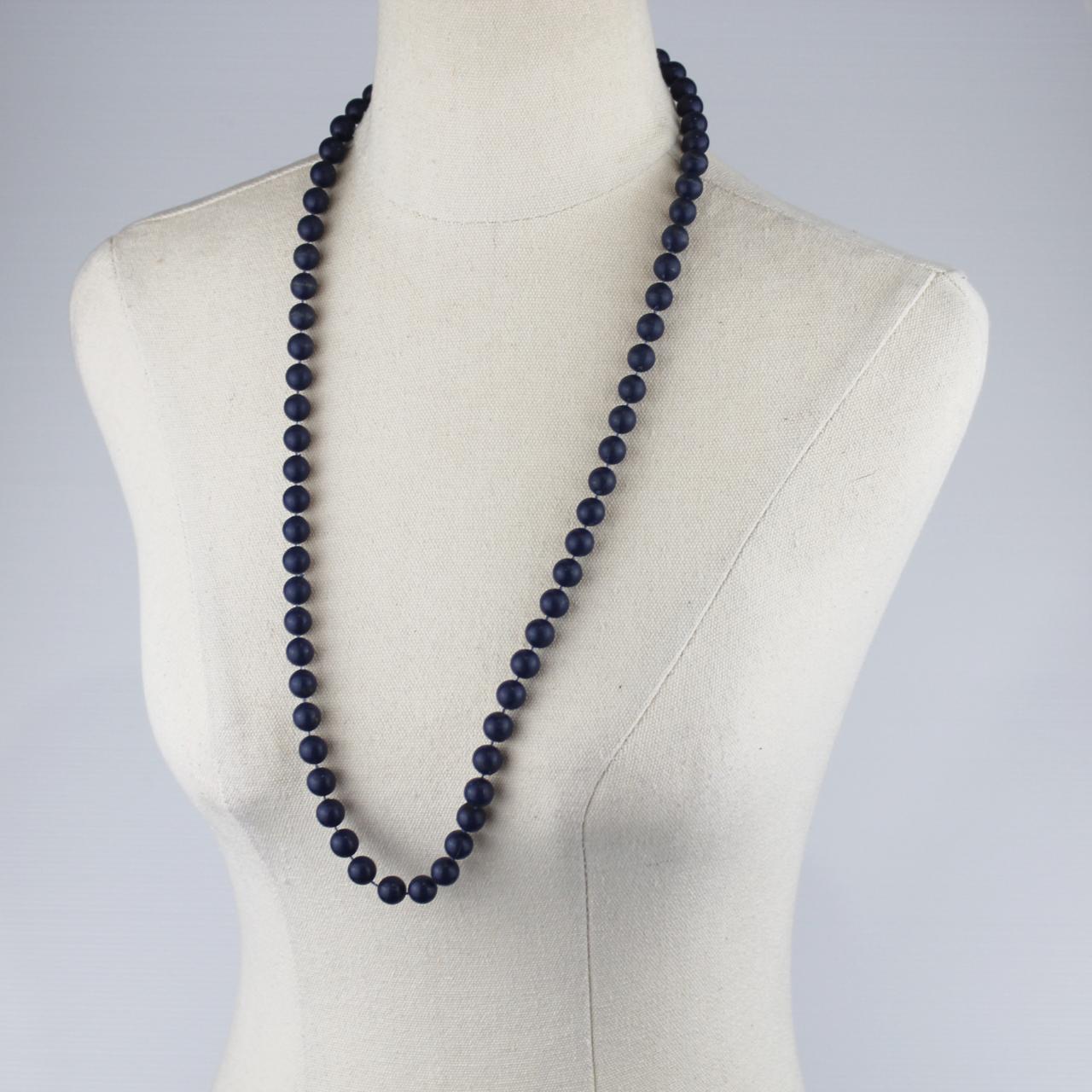 Long Beaded Necklace Dark Blue Round Beads Single Strand Cla