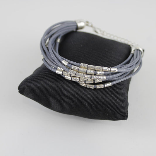 Cord Bracelet with Silver Beads - Gray - Boho Chic - Multi-S